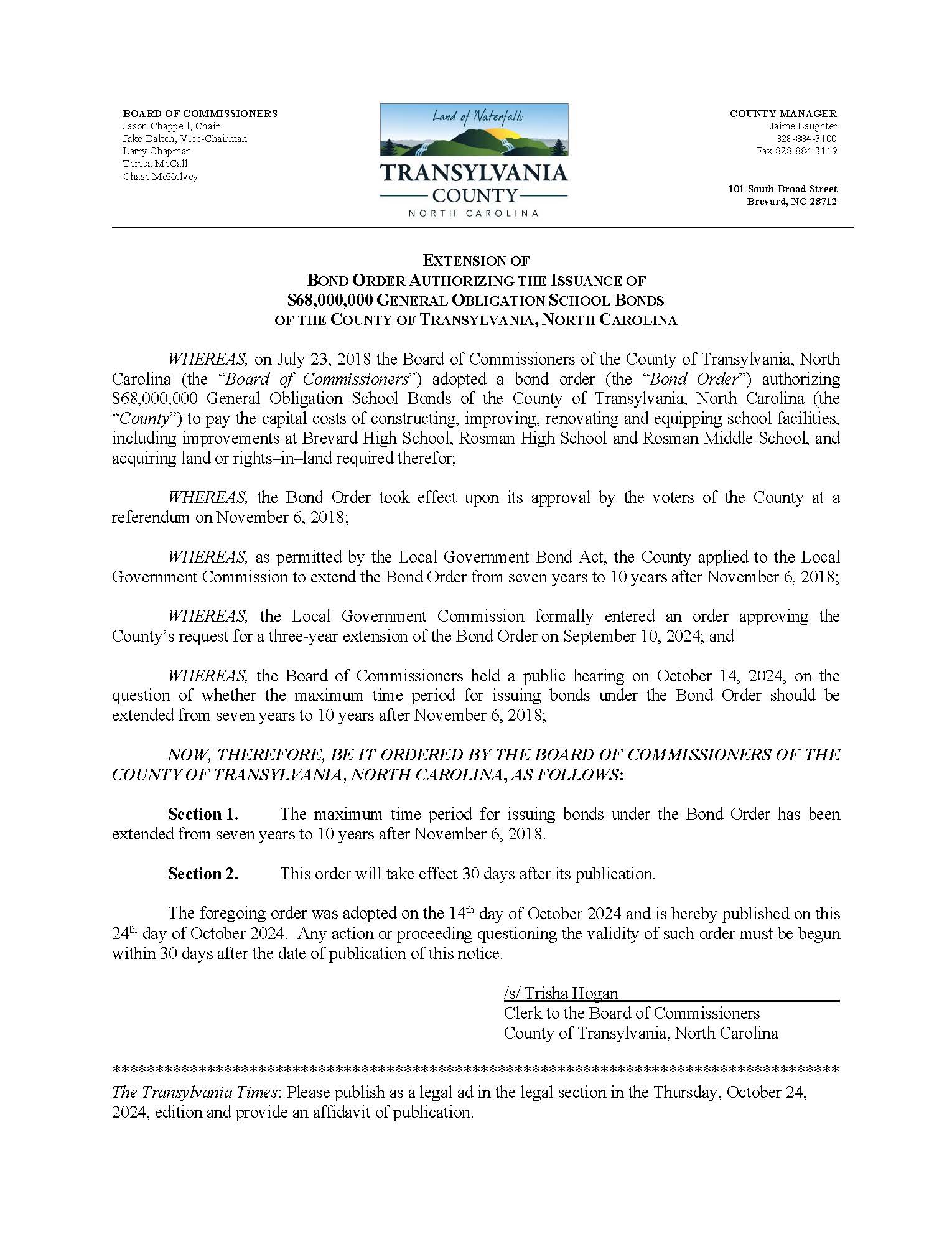 Notice of Adoption of Bond Order Extension Transylvania County